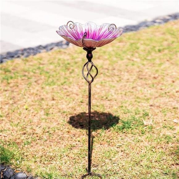 31 Inch Height Glass Birdbath Birdfeeder with Metal Stake Garden Yard - Picture 2 of 8
